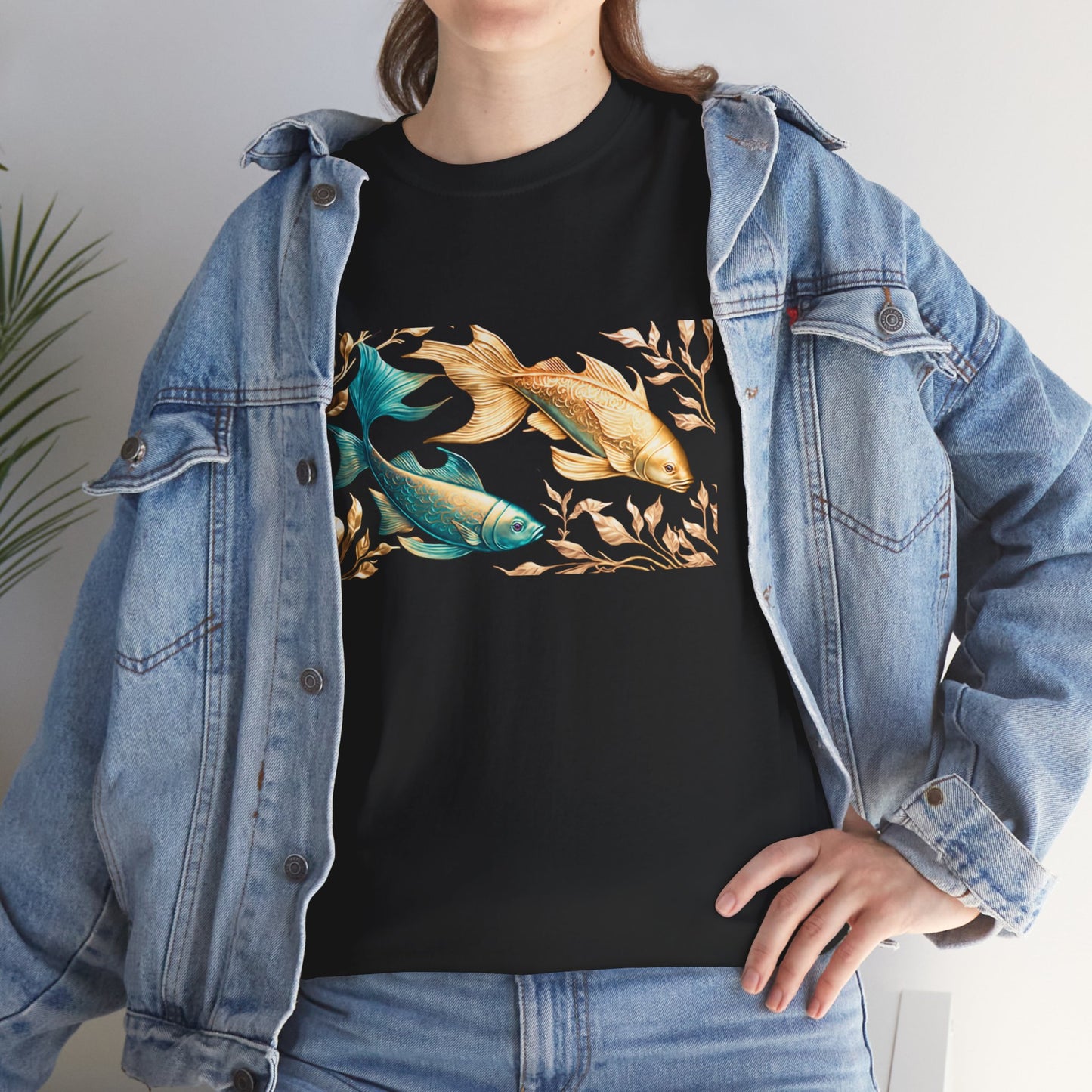 Women's unisex heavy cotton tee with a Gold and Blue Fish.