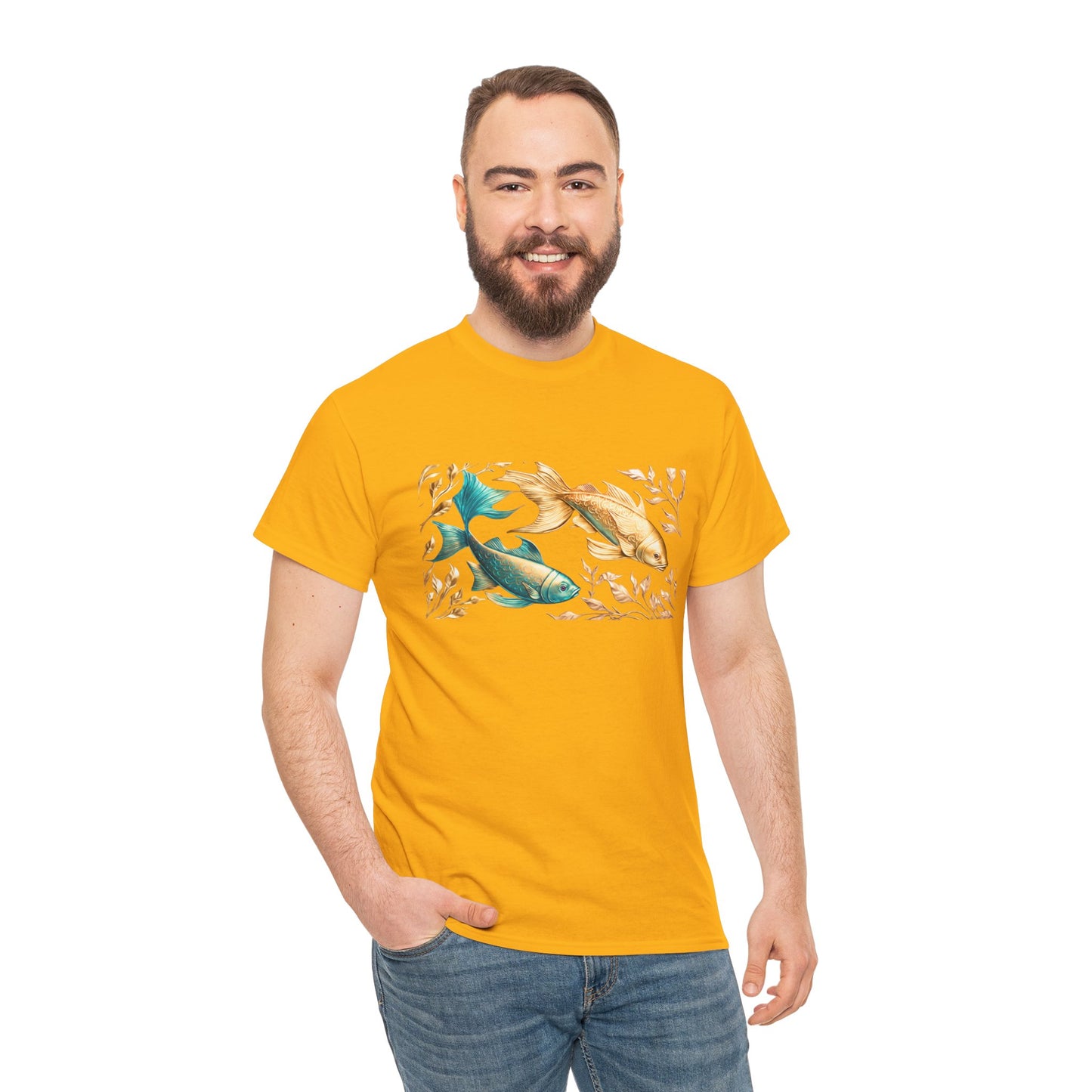 Women's unisex heavy cotton tee with a Gold and Blue Fish.