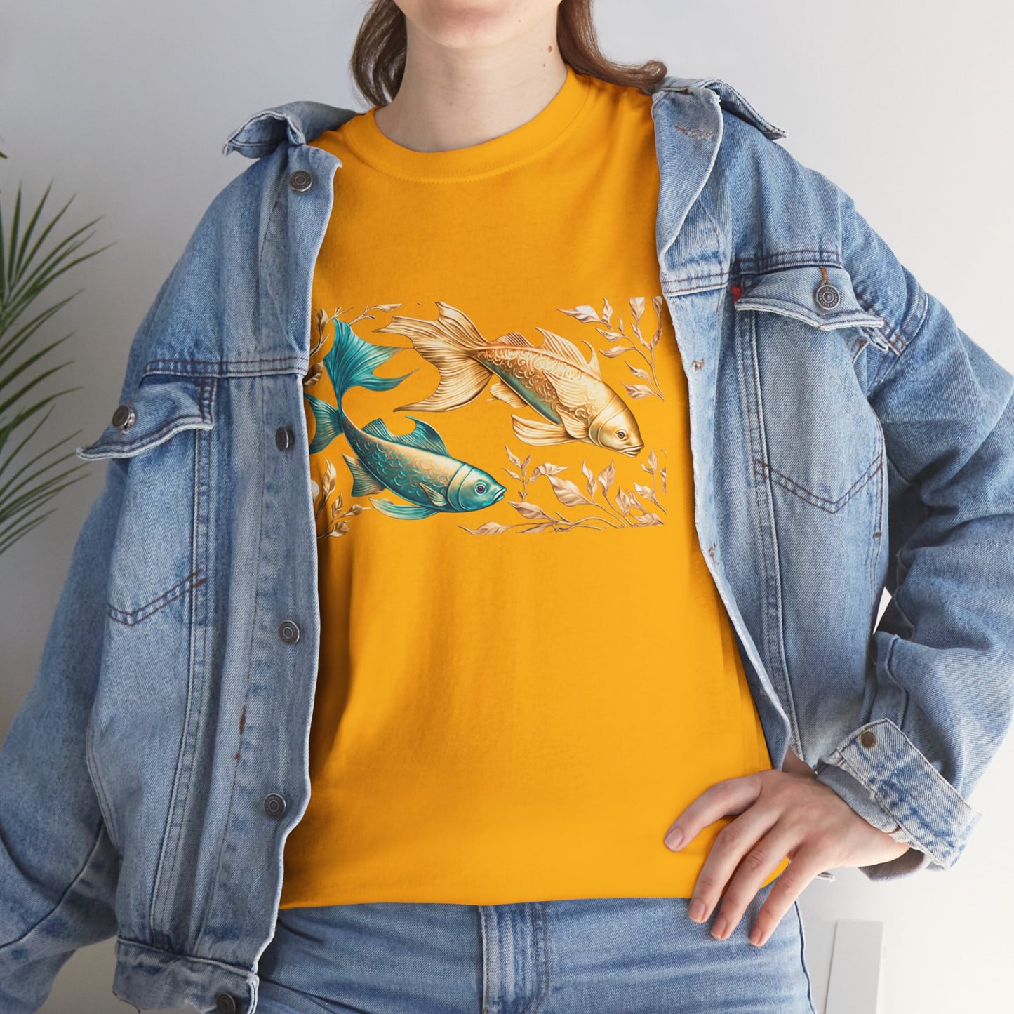 Women's unisex heavy cotton tee with a Gold and Blue Fish.