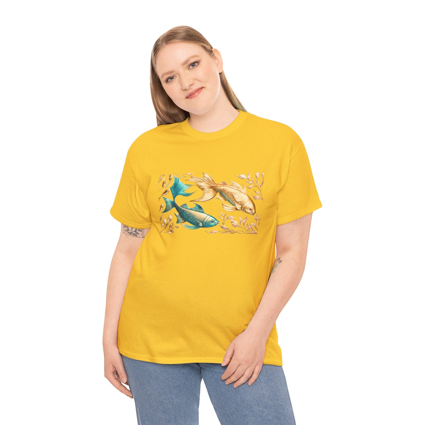 Women's unisex heavy cotton tee with a Gold and Blue Fish.