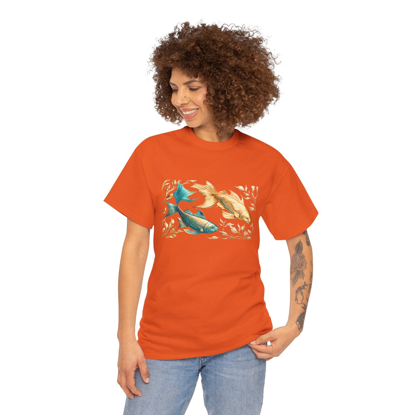 Women's unisex heavy cotton tee with a Gold and Blue Fish.