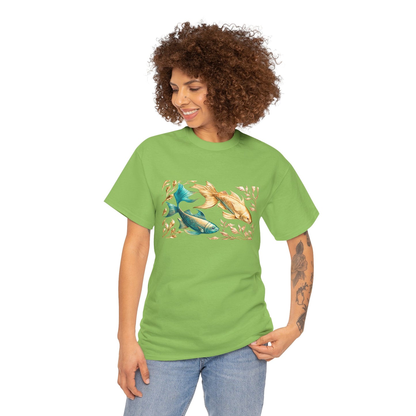 Women's unisex heavy cotton tee with a Gold and Blue Fish.