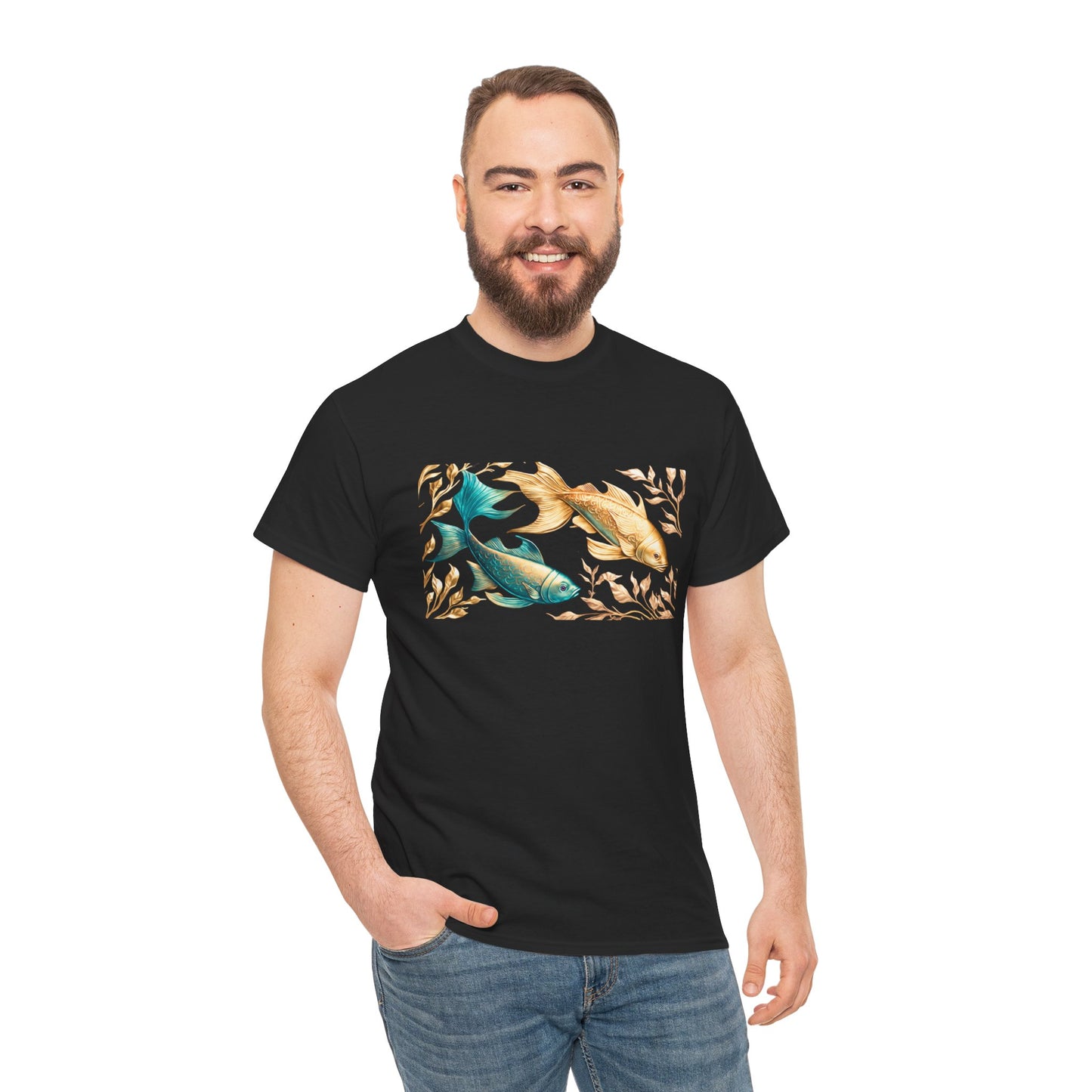 Women's unisex heavy cotton tee with a Gold and Blue Fish.