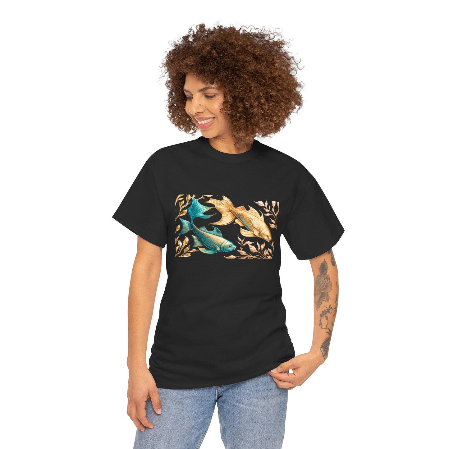 Women's unisex heavy cotton tee with a Gold and Blue Fish.