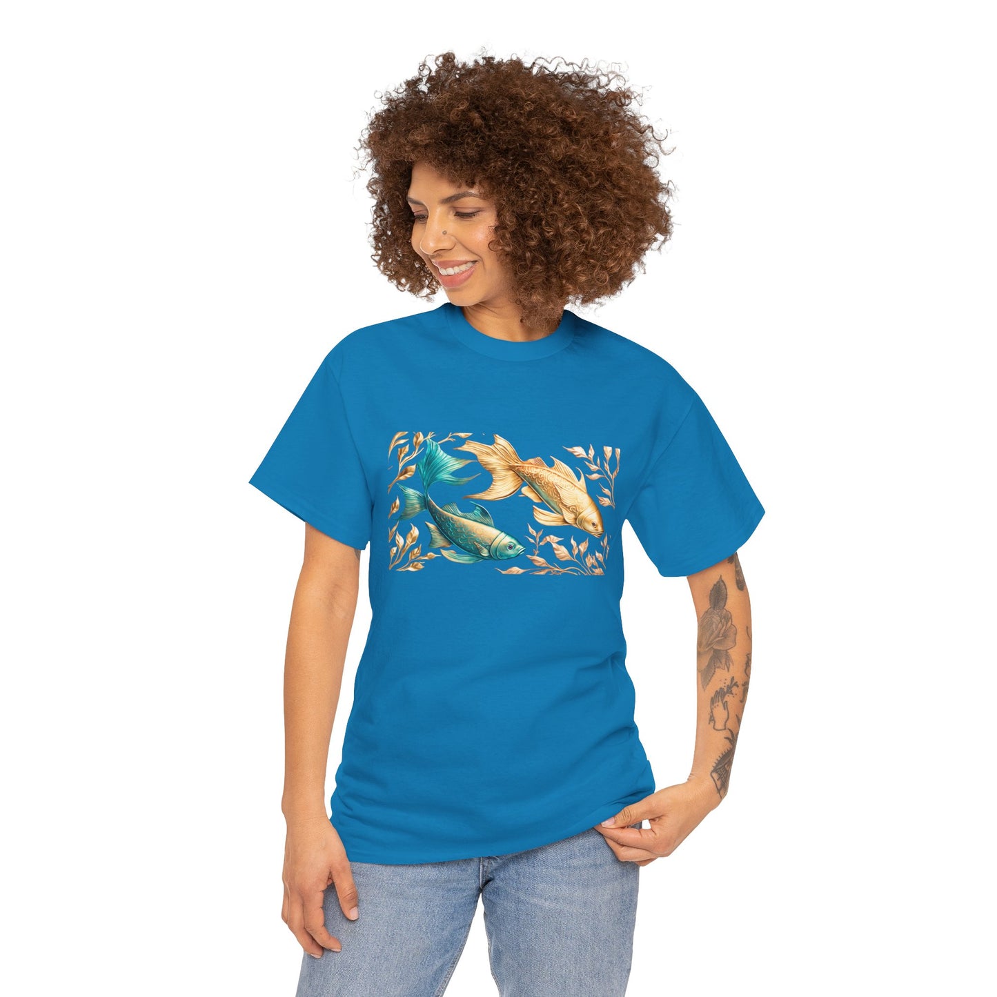 Women's unisex heavy cotton tee with a Gold and Blue Fish.