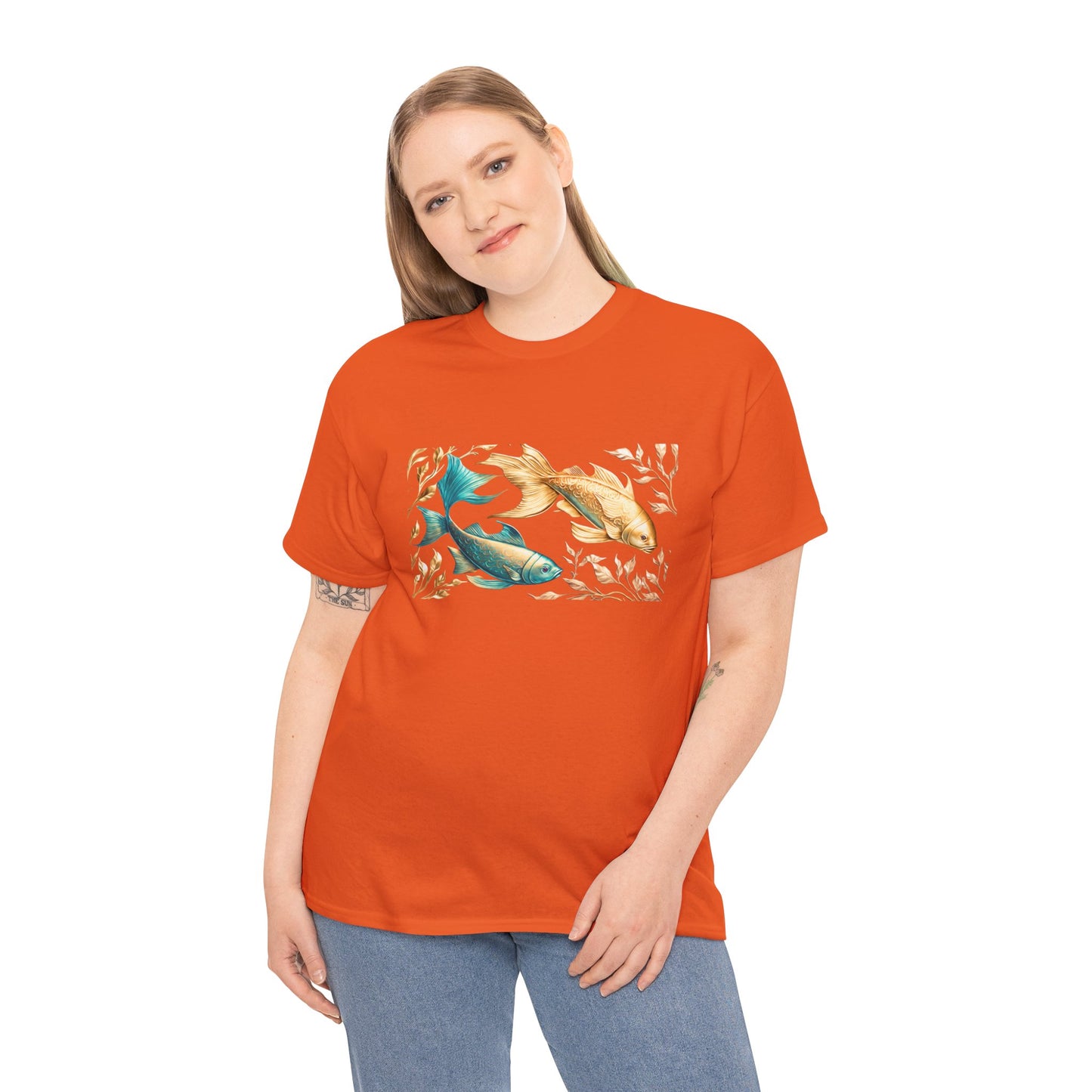 Women's unisex heavy cotton tee with a Gold and Blue Fish.