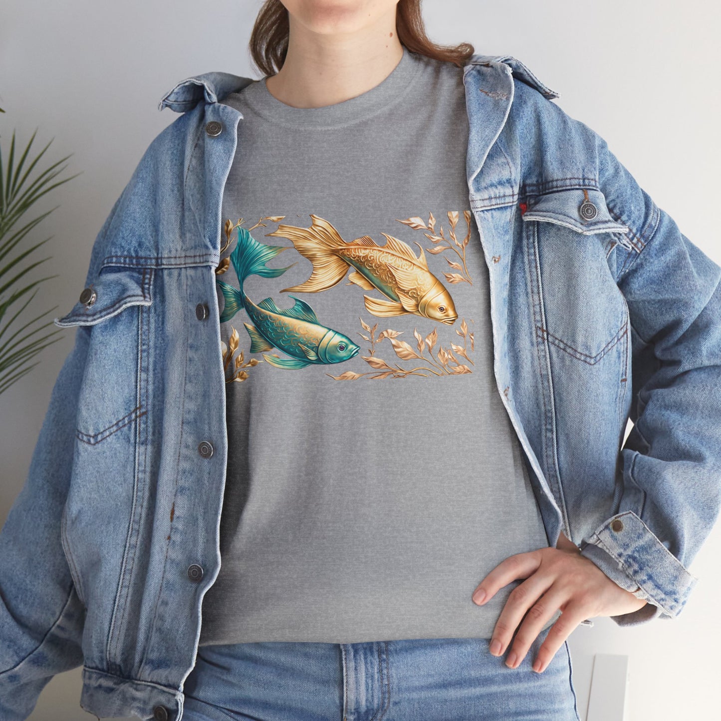 Women's unisex heavy cotton tee with a Gold and Blue Fish.