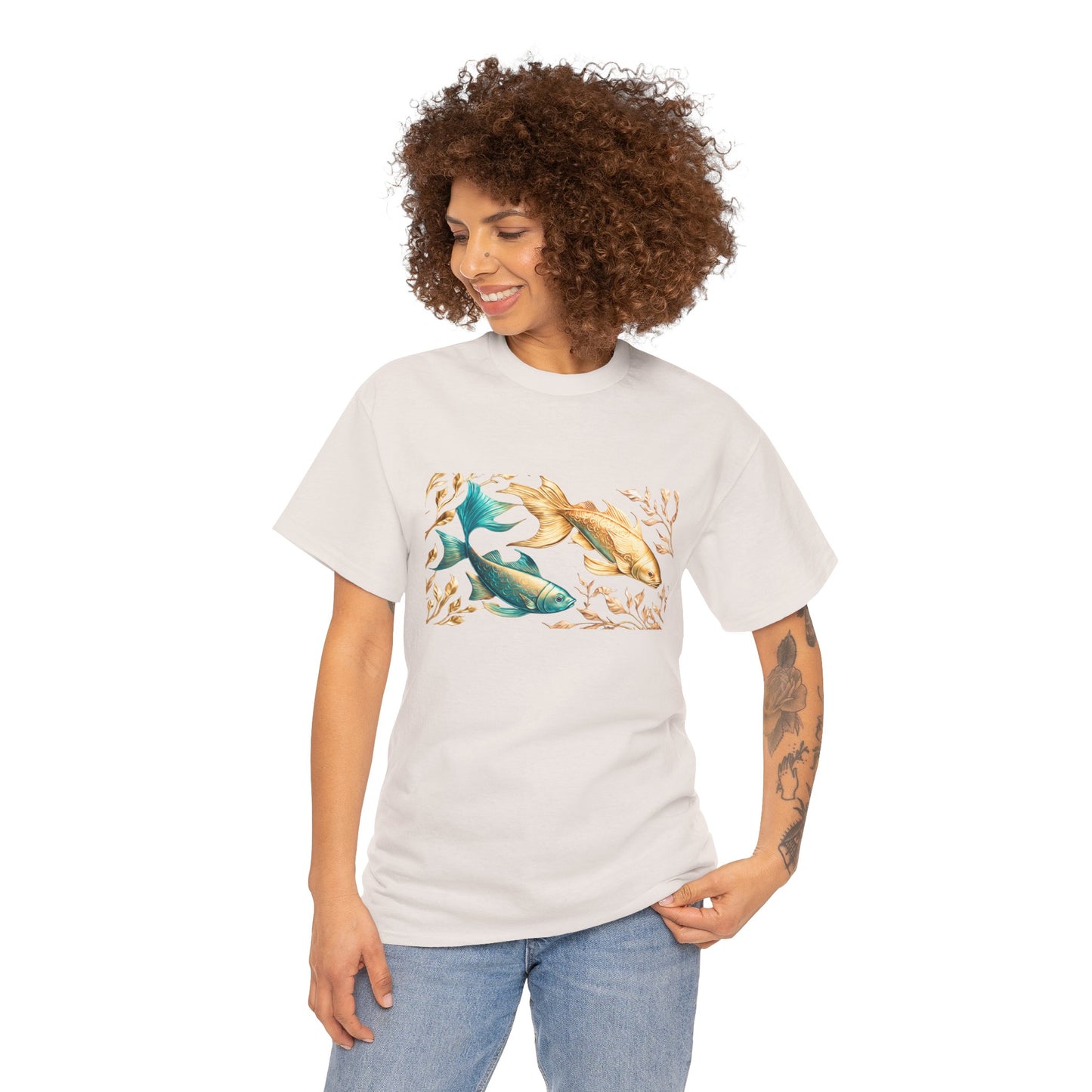 Women's unisex heavy cotton tee with a Gold and Blue Fish.