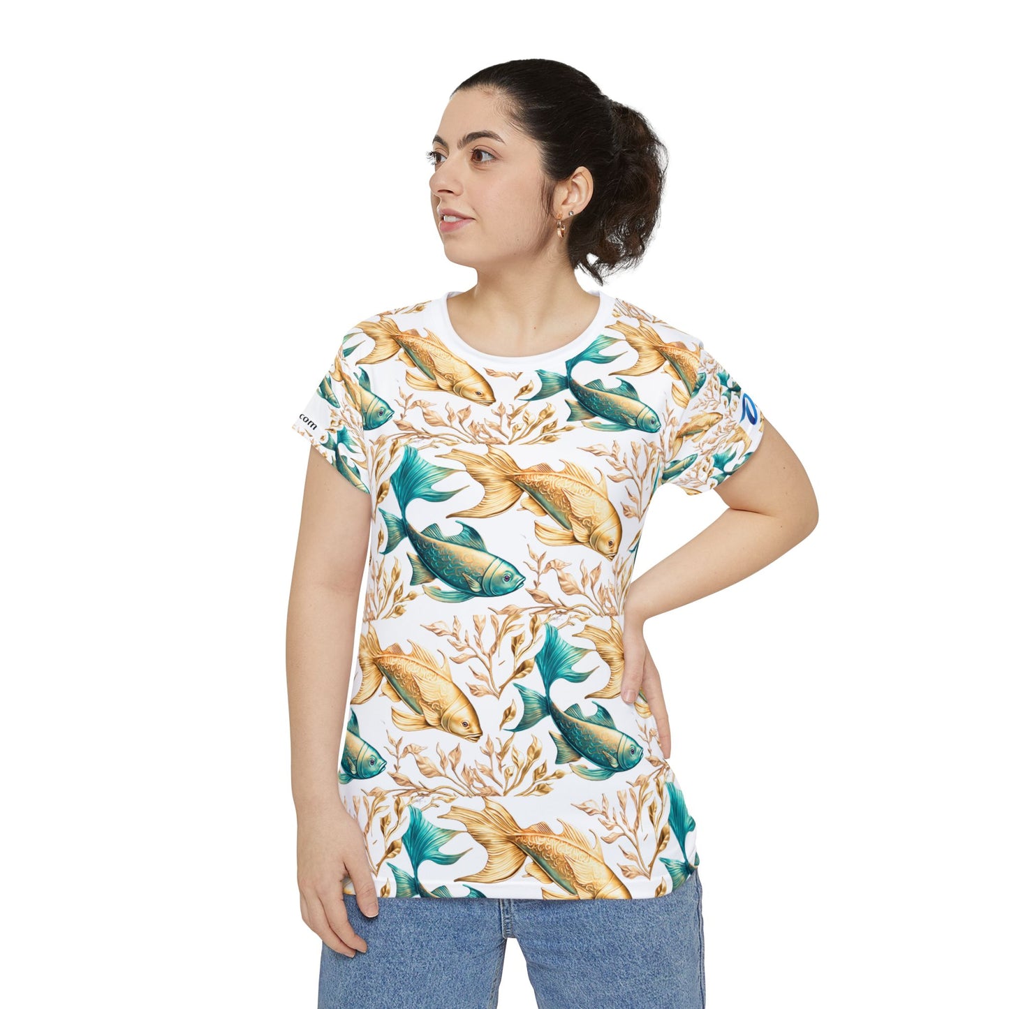 Women's short sleeve Gold & Blue fish patterned Tee