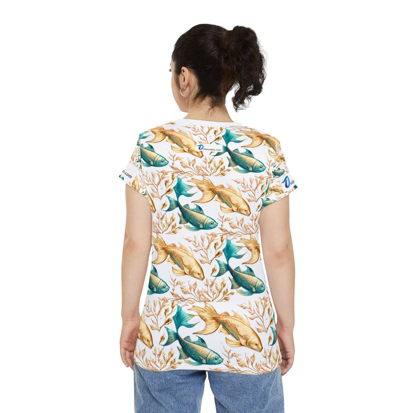 Women's short sleeve Gold & Blue fish patterned Tee