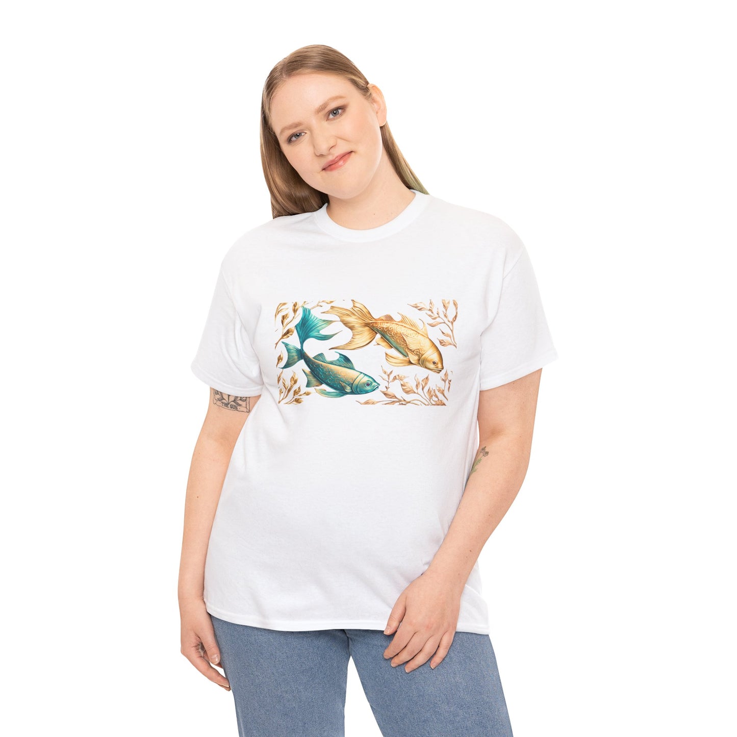 Women's unisex heavy cotton tee with a Gold and Blue Fish.