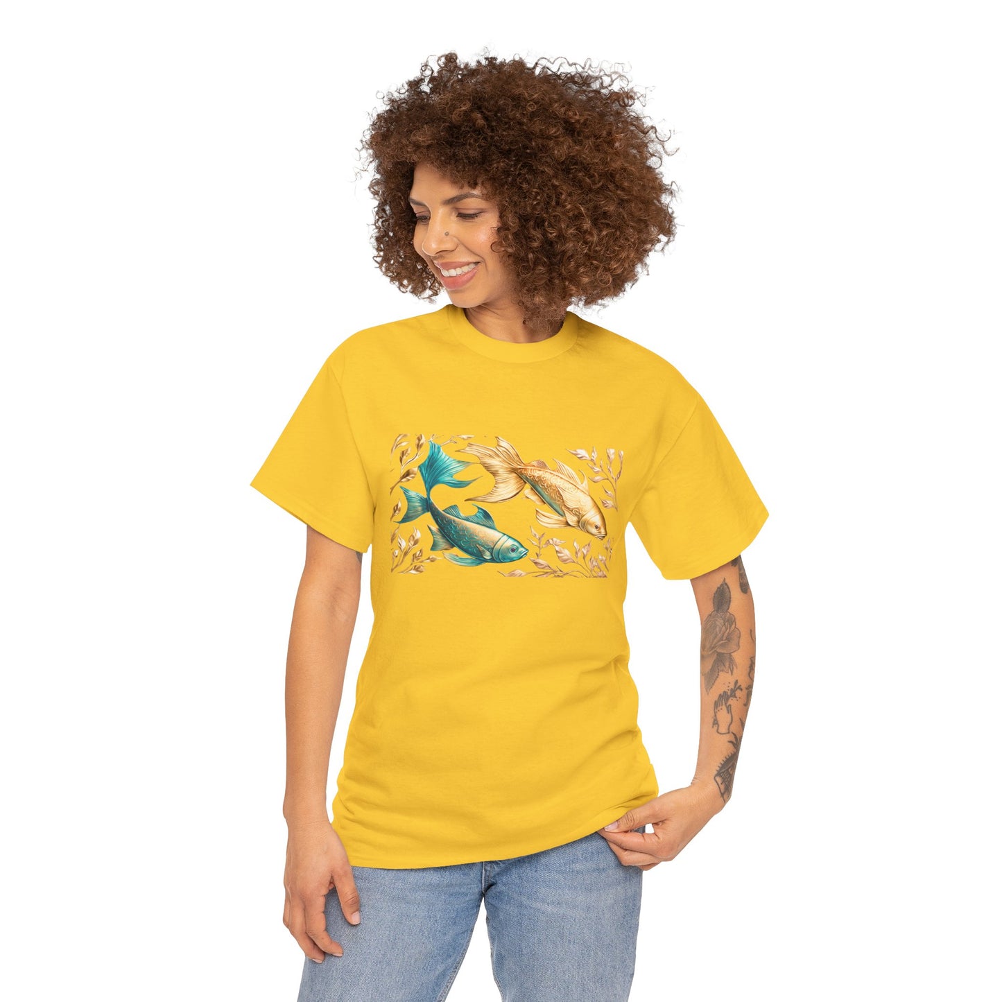 Women's unisex heavy cotton tee with a Gold and Blue Fish.