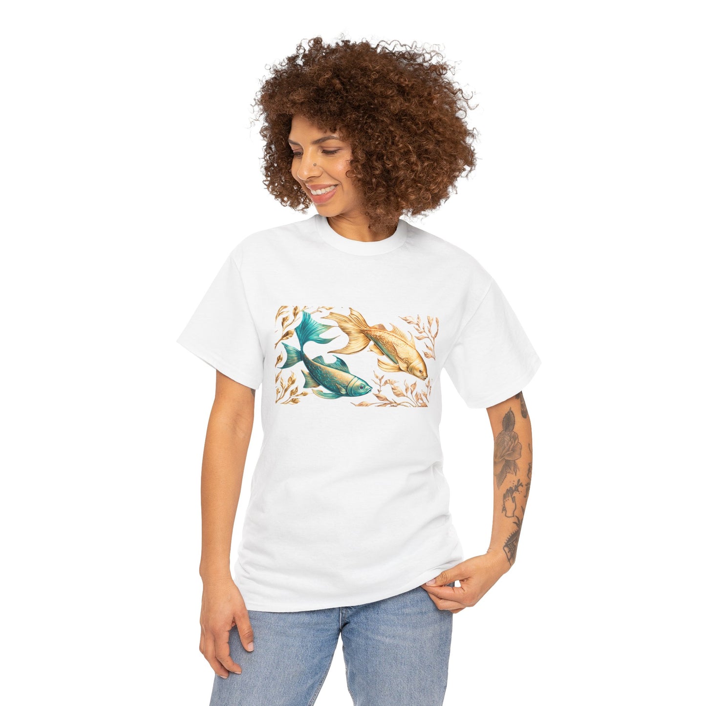 Women's unisex heavy cotton tee with a Gold and Blue Fish.