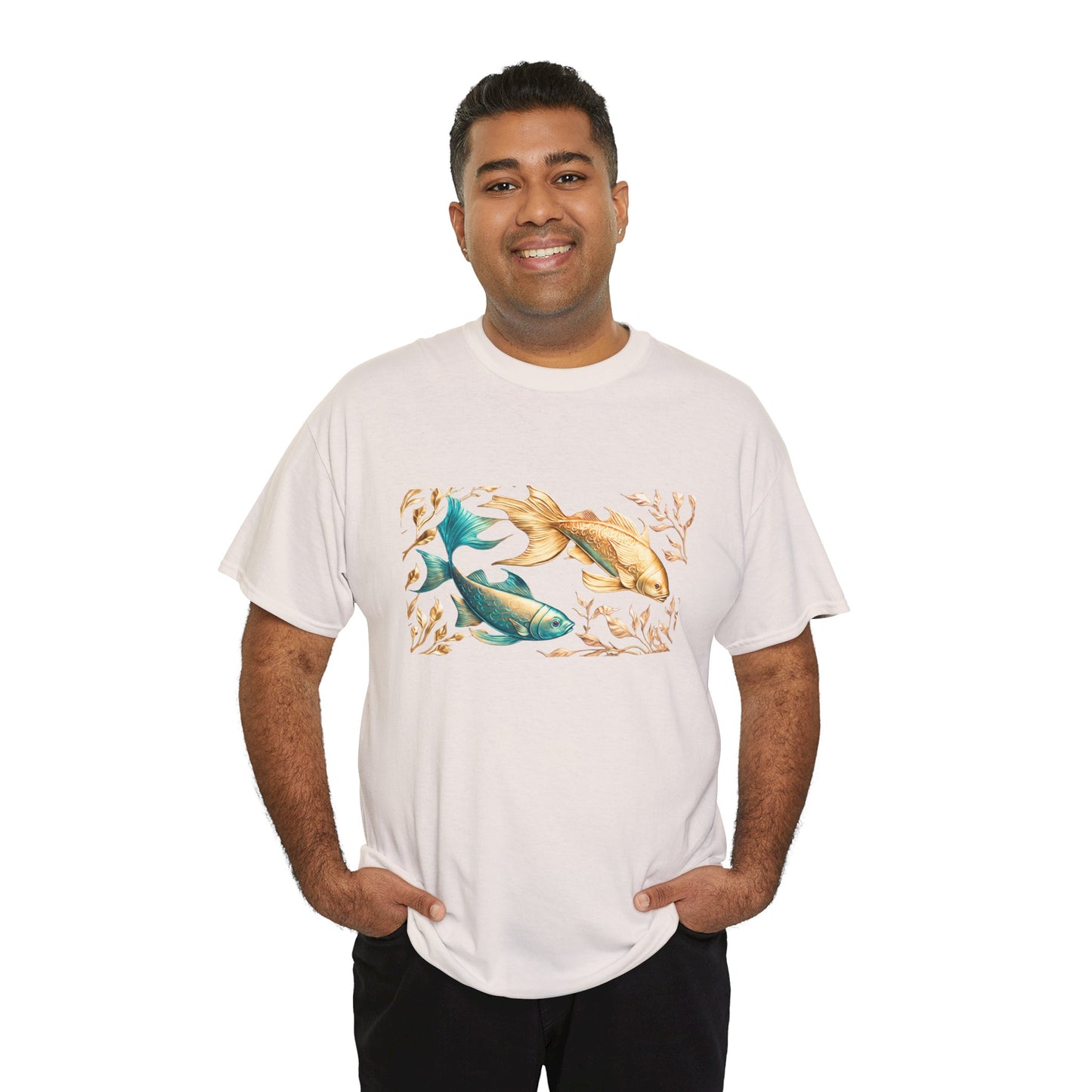 Women's unisex heavy cotton tee with a Gold and Blue Fish.