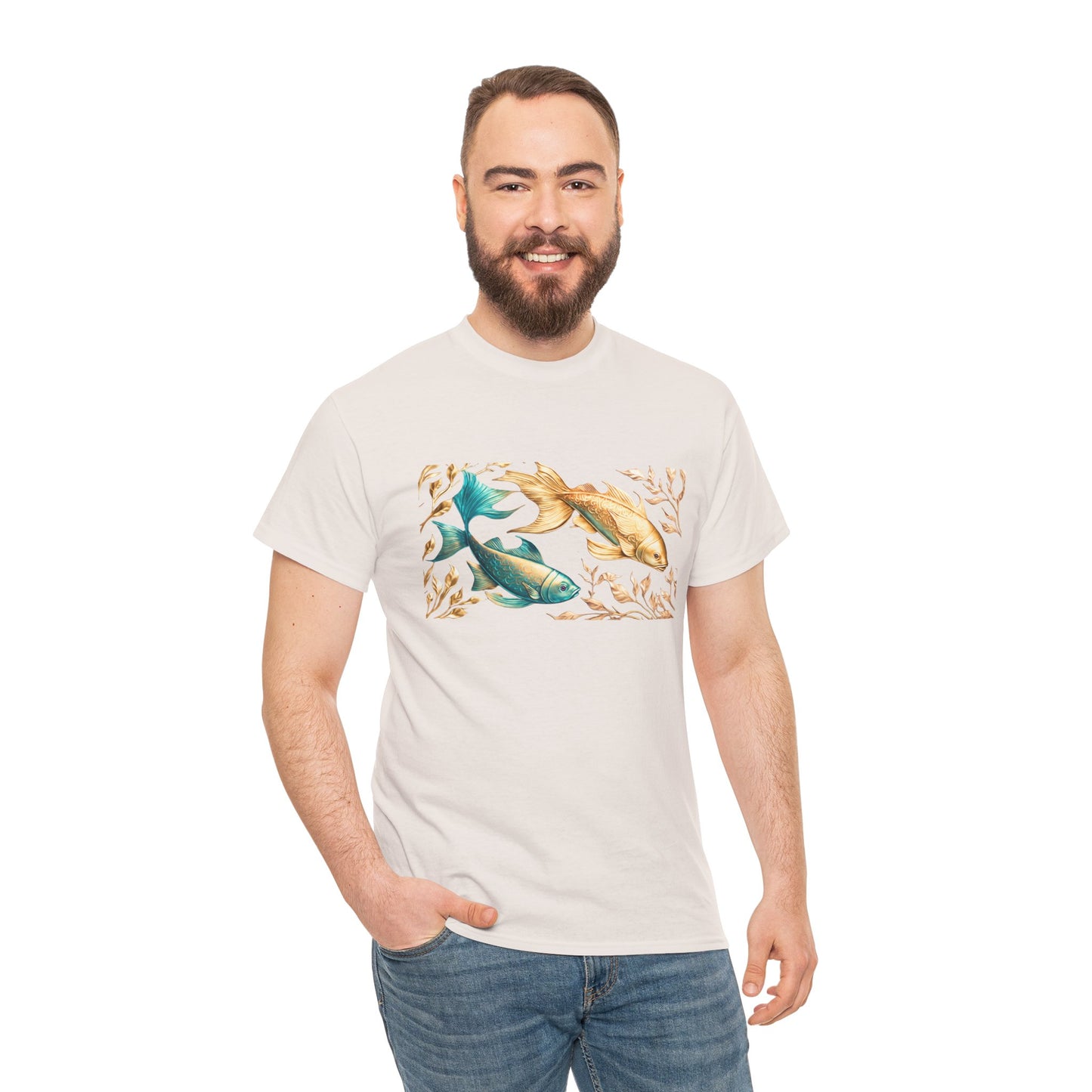 Women's unisex heavy cotton tee with a Gold and Blue Fish.