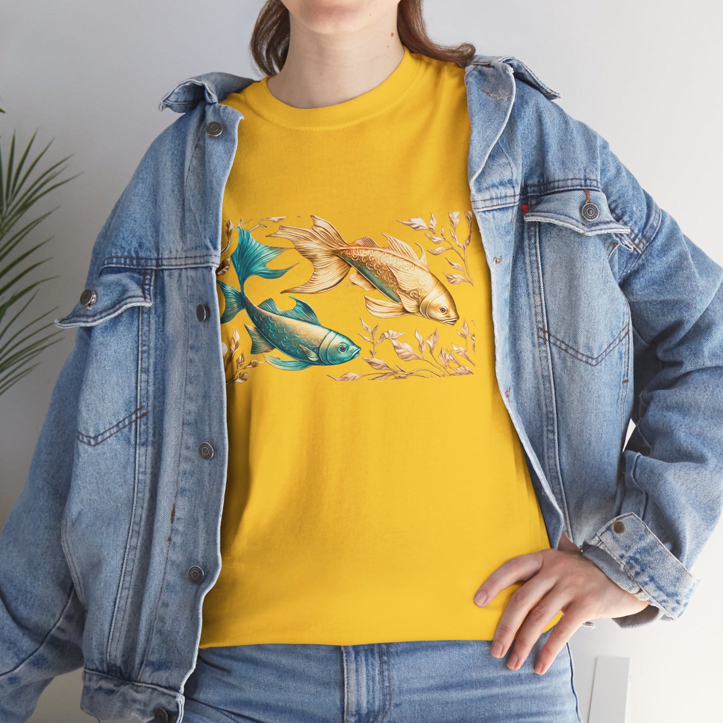 Women's unisex heavy cotton tee with a Gold and Blue Fish.