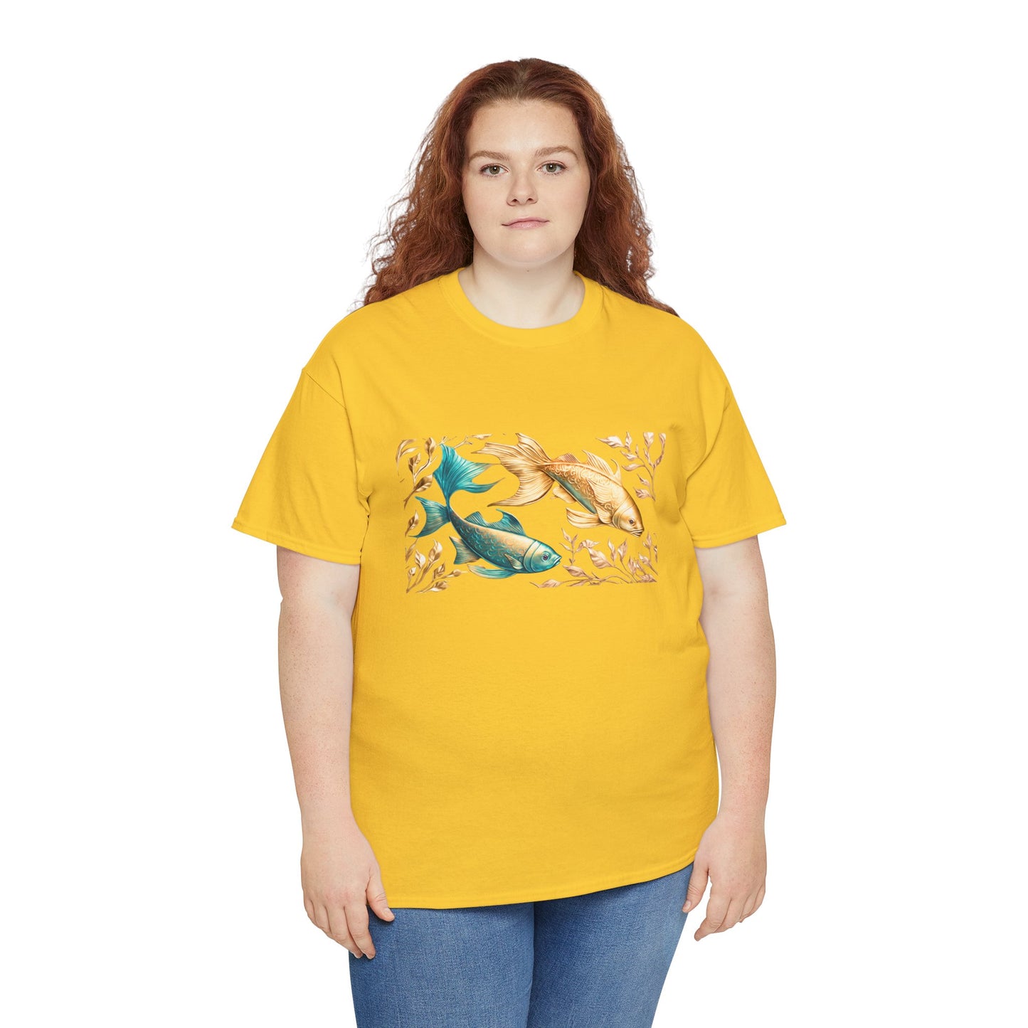 Women's unisex heavy cotton tee with a Gold and Blue Fish.