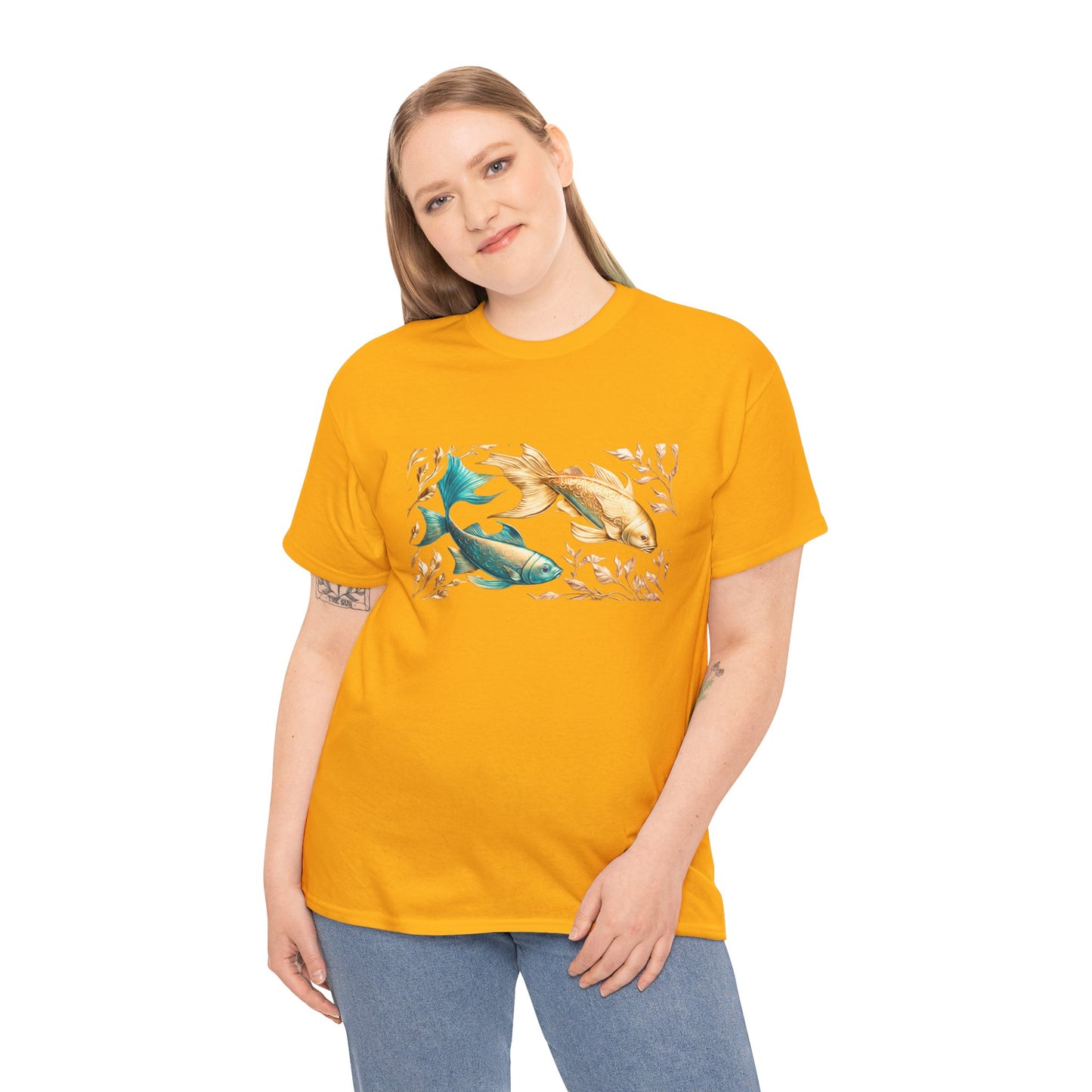 Women's unisex heavy cotton tee with a Gold and Blue Fish.