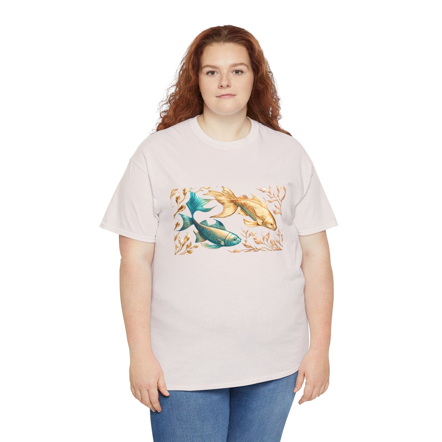 Women's unisex heavy cotton tee with a Gold and Blue Fish.