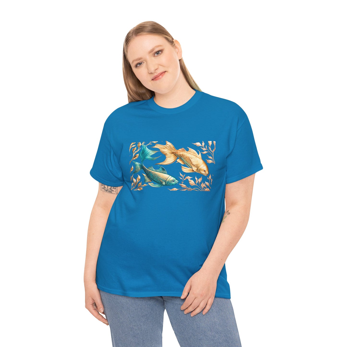 Women's unisex heavy cotton tee with a Gold and Blue Fish.