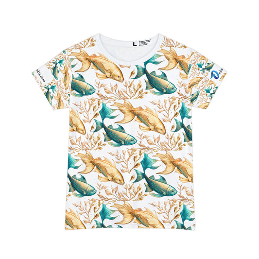 Women's short sleeve Gold & Blue fish patterned Tee