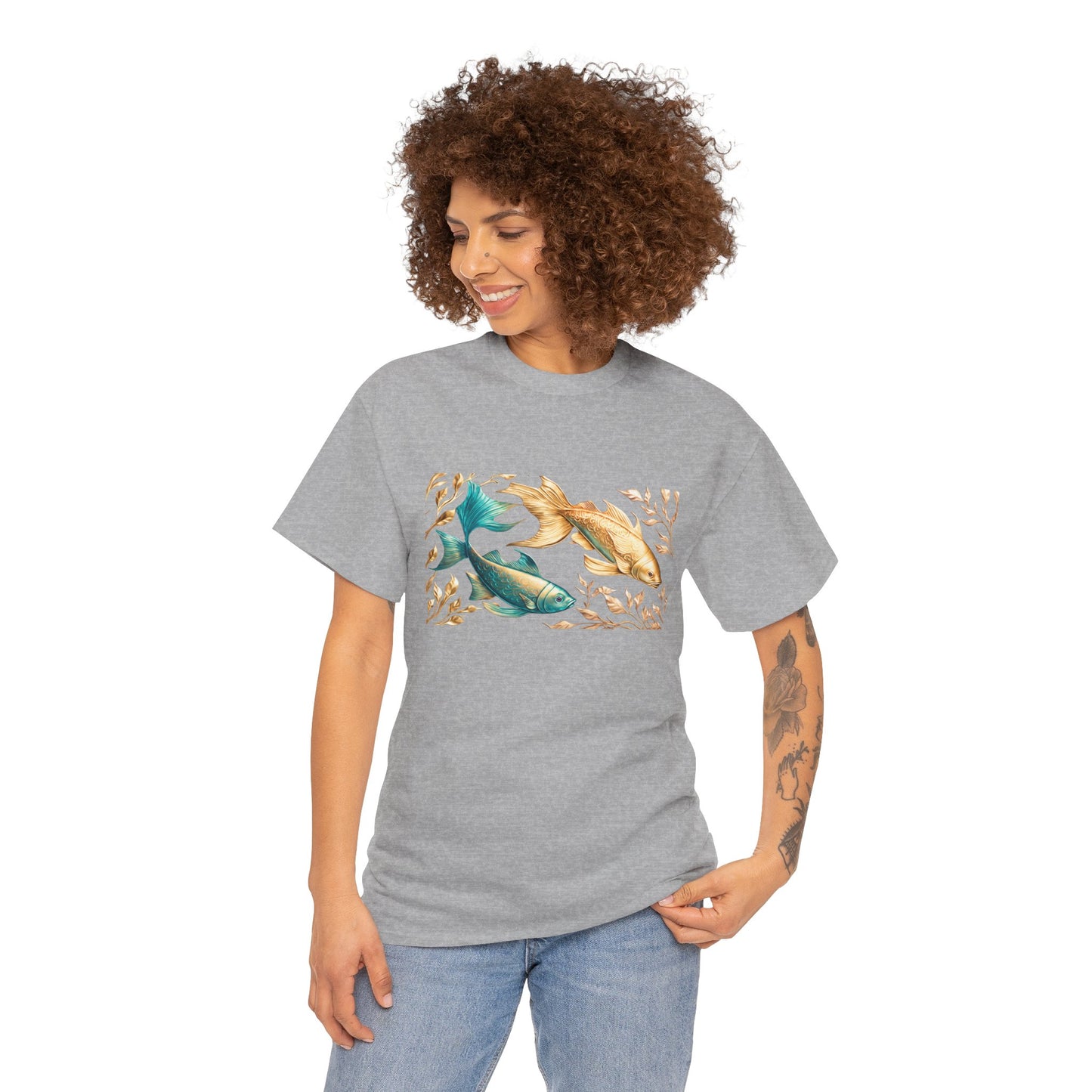 Women's unisex heavy cotton tee with a Gold and Blue Fish.