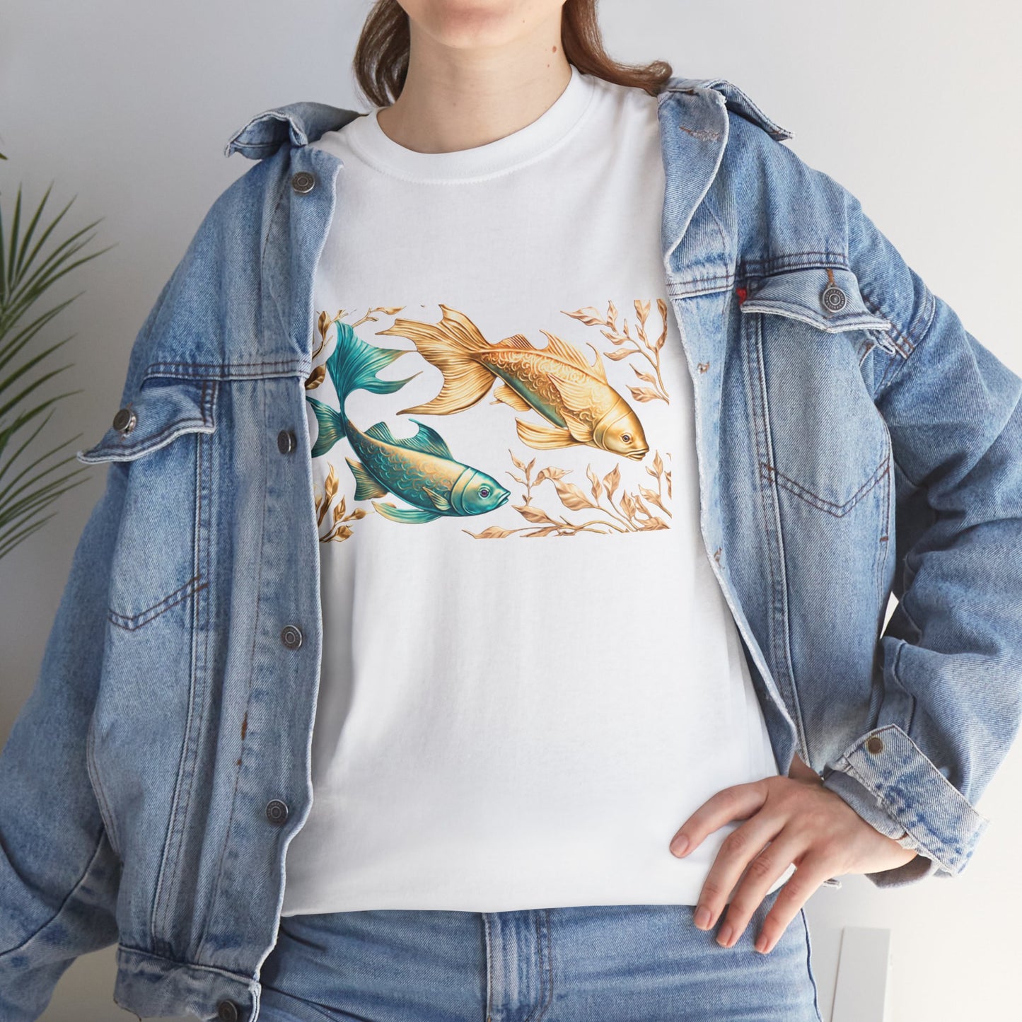 Women's unisex heavy cotton tee with a Gold and Blue Fish.