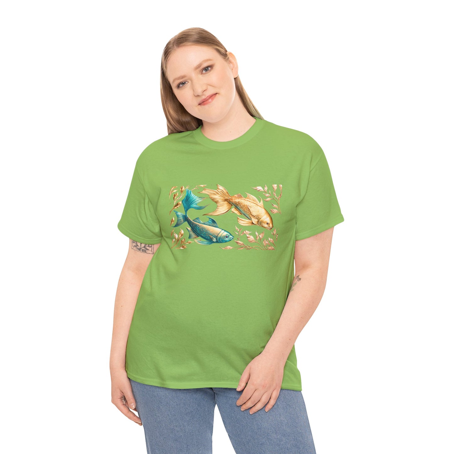 Women's unisex heavy cotton tee with a Gold and Blue Fish.