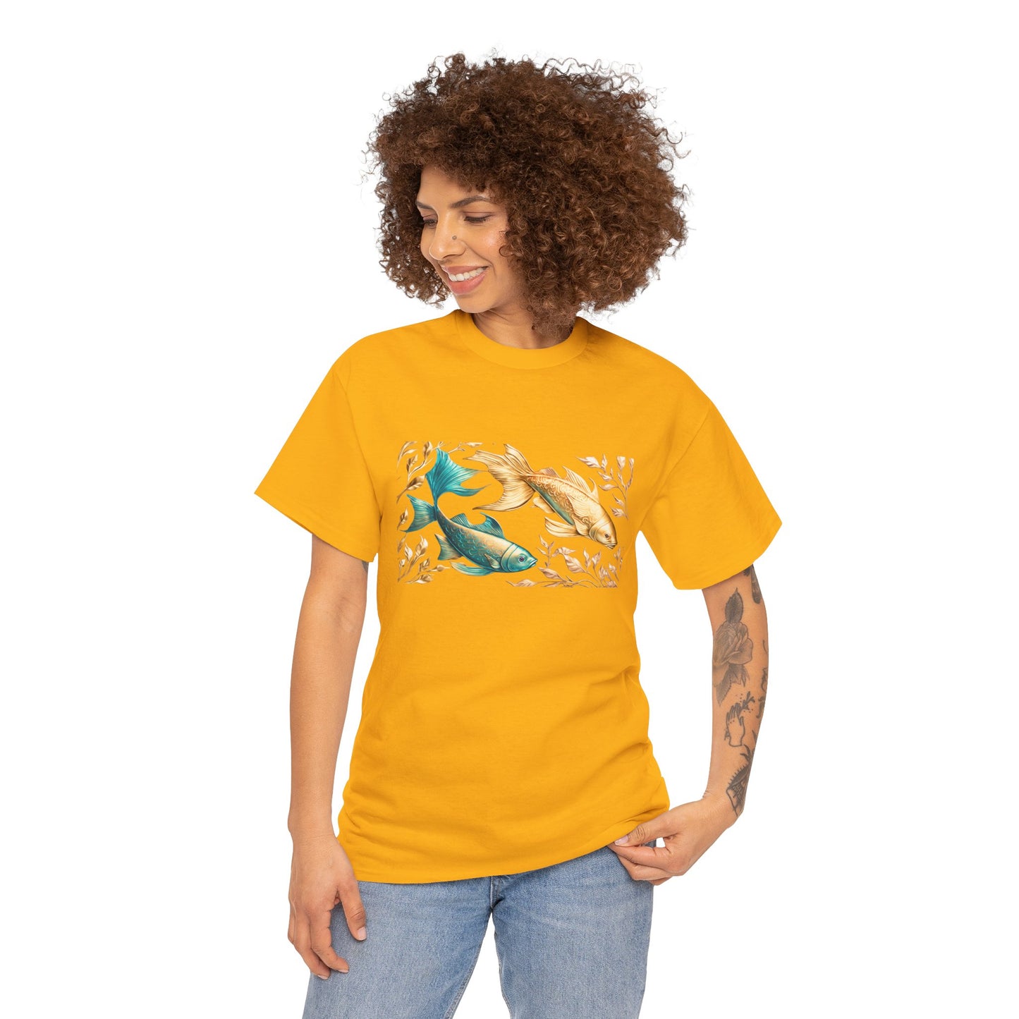 Women's unisex heavy cotton tee with a Gold and Blue Fish.